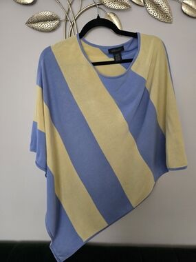 Willi Smith Blue and Yellow Striped Women's Sweater Poncho Silk One Size